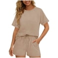 thumbnail image 1 of BRGZLK Women's 2 Piece Outfits Casual Solid Color Short Sleeve Crewneck Oversized Roll Up T Shirts and Drawstring Shorts Lightweight Comfy Set Beige XL, 1 of 6