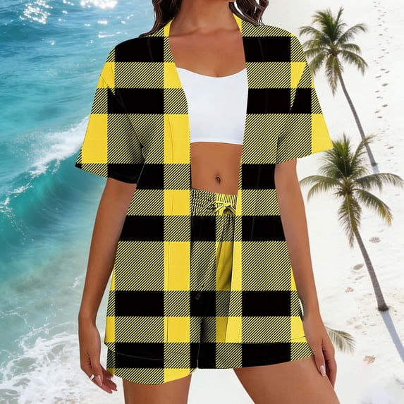 BRGZLK Women's 2 Piece Outfits Sets Casual Color Block Comfy Loose Short Sleeve Cardigan Shirt Loose High Waisted Side Pocket Shorts Breathable Set Yellow XXL