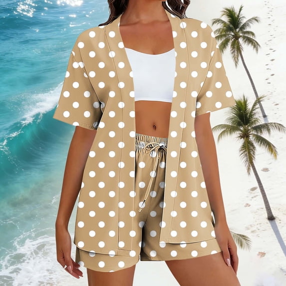 BRGZLK Women's 2 Piece Summer Outfits Fashion Polka Dot Print Short Sleeve Cardigan Tops and Elastic Waist Shorts Loungewear Set Suitable for Daily Khaki XXL