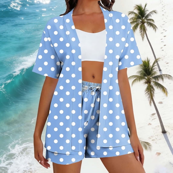 BRGZLK Women's 2 Piece Summer Outfits Fashion Polka Dot Print Short Sleeve Cardigan Tops and Elastic Waist Shorts Loungewear Set Suitable for Daily Sky Blue M