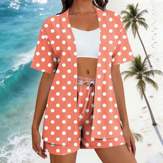 BRGZLK Women's 2 Piece Summer Outfits Fashion Polka Dot Print Short Sleeve Cardigan Tops and Elastic Waist Shorts Loungewear Set Suitable for Daily Watermelon Red M