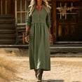 thumbnail image 1 of BRGZLK Women's 3/4 Sleeve Linen Dress V Neck Loose Fit Boho Causal Lightweight Comfy Maxi Dresses Modest Long Flowy Beach Vacation Dresses Army Green M, 1 of 6