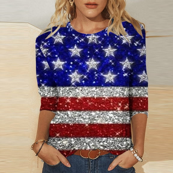 BRGZLK Women's 3/4 Sleeve Tunic Tops Summer Fashion Independence Day Flag Printed Blouse Loose Round Neck Casual Holiday Tees Blue XL