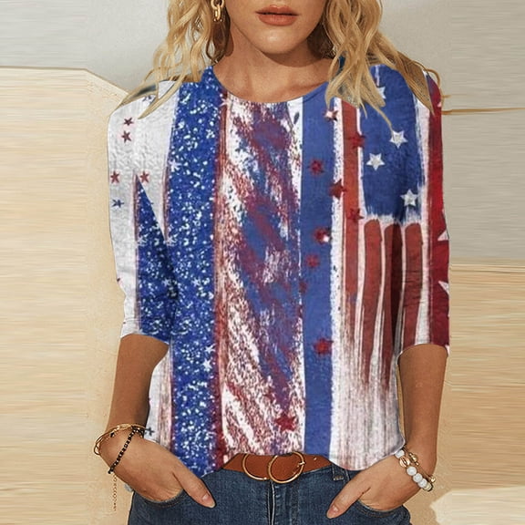 BRGZLK Women's 3/4 Sleeve Tunic Tops Summer Fashion Independence Day Flag Printed Blouse Loose Round Neck Casual Holiday Tees Multicolor L