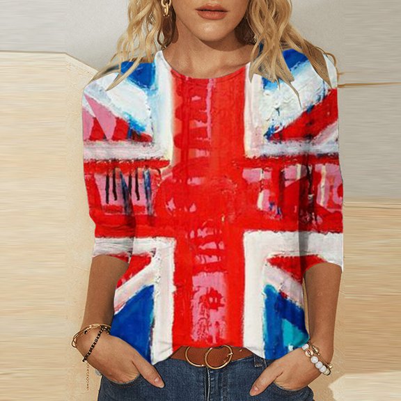 BRGZLK Women's 3/4 Sleeve Tunic Tops Summer Fashion Independence Day Flag Printed Blouse Loose Round Neck Casual Holiday Tees Red S