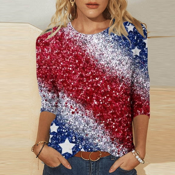 BRGZLK Women's 3/4 Sleeve Tunic Tops Summer Fashion Independence Day Flag Printed Blouse Loose Round Neck Casual Holiday Tees Wine XXL