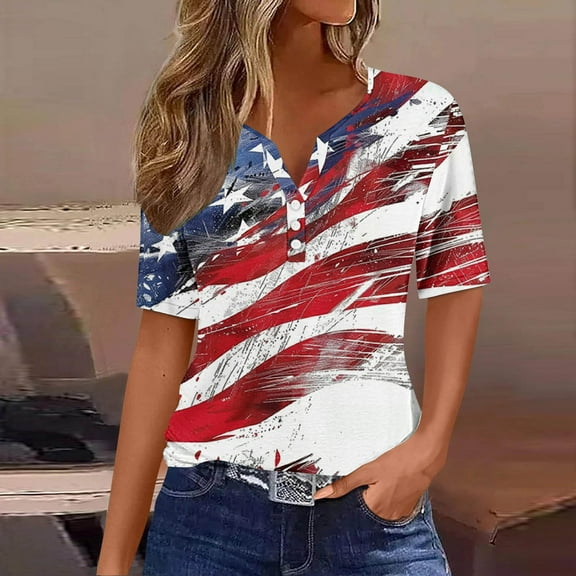 BRGZLK Women's 4Th Of July V-Neck Shirt Casual Independence Day Flag Printed Blouse Loose Short Sleeve Summer Casual Top White L