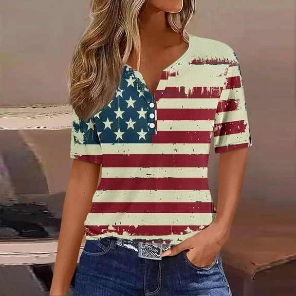 BRGZLK Women's 4Th Of July V-Neck Shirt Casual Independence Day Flag Printed Blouse Loose Short Sleeve Summer Casual Top Wine L
