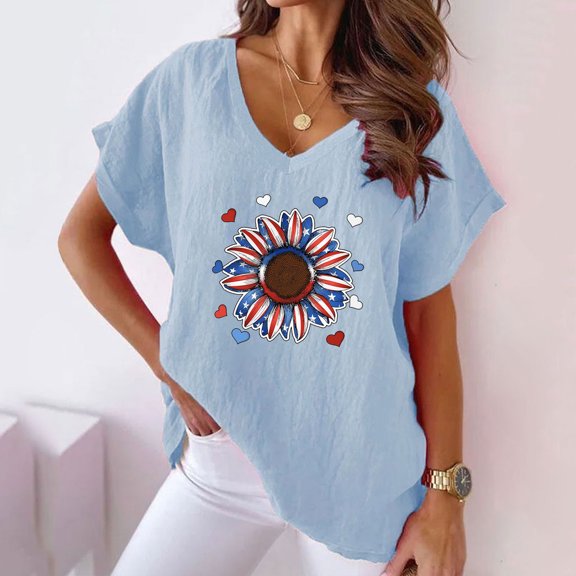 BRGZLK Women's 4Th Of July V Neck Shirts Fashion USA Flag Sunflower Graphic Tee Loose Comfortable Short Sleeved Blouses Tops Blue XXXL