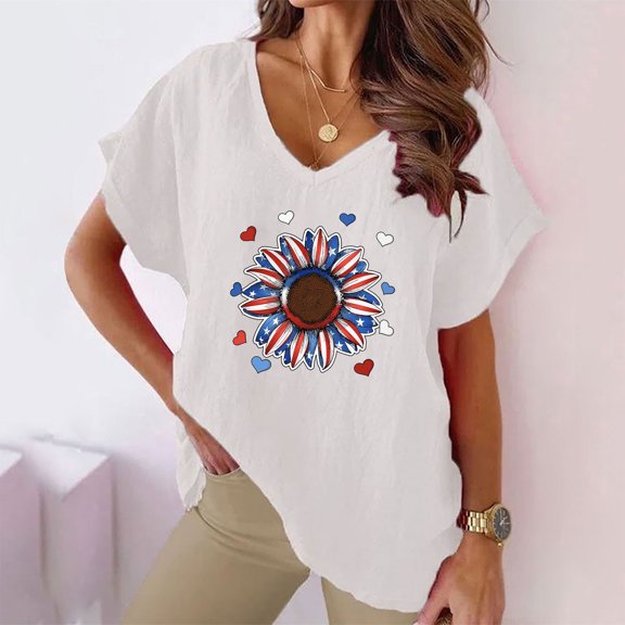 BRGZLK Women's 4Th Of July V Neck Shirts Fashion USA Flag Sunflower Graphic Tee Loose Comfortable Short Sleeved Blouses Tops White XXL