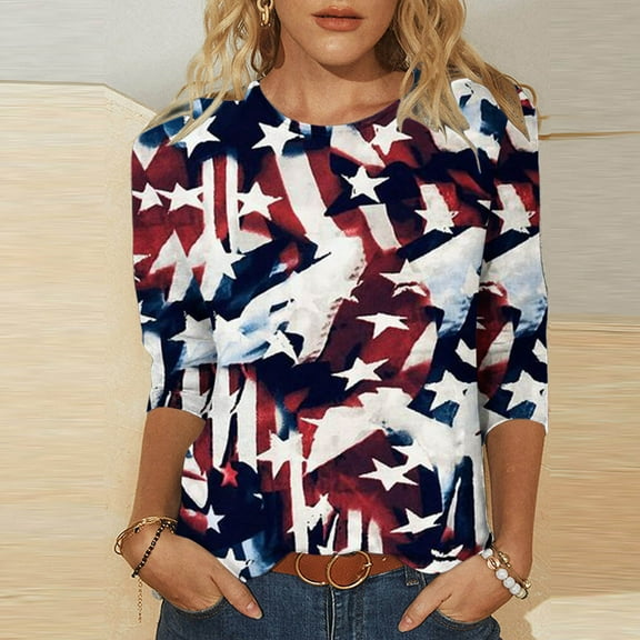 BRGZLK Women's American Flag 3/4 Sleeve Shirts Fashion Star Stripes Graphic Tees Loose Round Neck Casual Blouse Tops Navy S