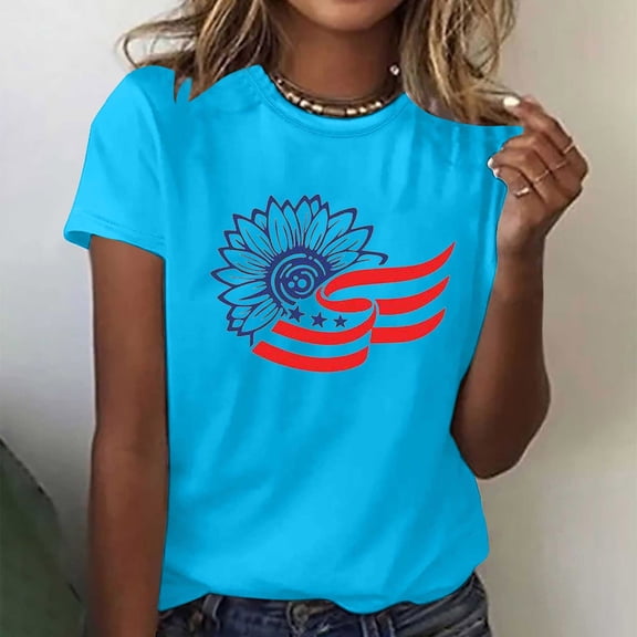 BRGZLK Women's American Flag Patriotic T-Shirt Summer Trendy Independent Day Printed Blouse Casual Loose Fitting Round Neck Short Sleeved Top Sky Blue XXXL