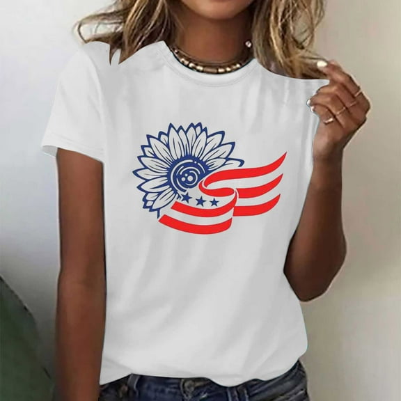 BRGZLK Women's American Flag Patriotic T-Shirt Summer Trendy Independent Day Printed Blouse Casual Loose Fitting Round Neck Short Sleeved Top White L