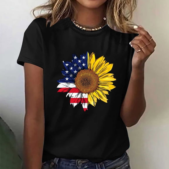 BRGZLK Women's American Flag Sunflower Shirts Plus Size Summer Casual Loose Fitting Independent Day Printed Blouse Round Neck Short Sleeved Tops Black XXXL