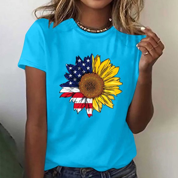 BRGZLK Women's American Flag Sunflower Shirts Plus Size Summer Casual Loose Fitting Independent Day Printed Blouse Round Neck Short Sleeved Tops Sky Blue XL