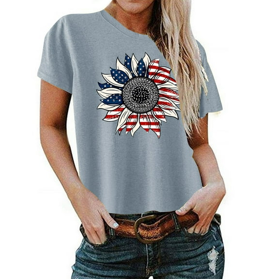 BRGZLK Women's American Flag Sunflower Tops Summer Casual Independent Day Printed Blouse Loose Fitting Round Neck Short Sleeved T-Shirt Gray S