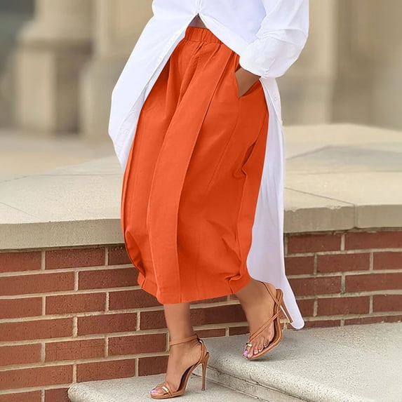 BRGZLK Women's Baggy Capri Pants Summer High Waisted Elastic Waist Casual Pleated Fashion Solid Color Harem Capris Slacks with Pockets Orange XXL