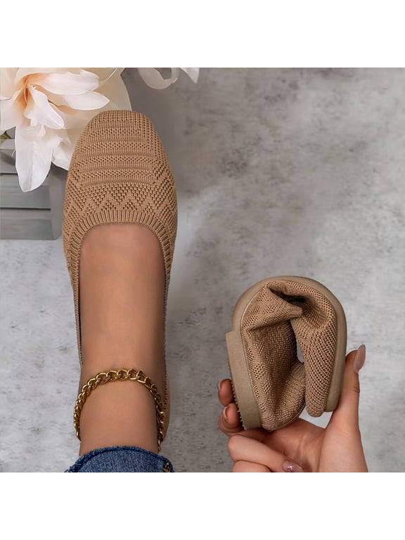 Women's Ballet Flats Square Toe Breathable Comfortable Knit Slip On Walking Shoes Low Wedge Comfort Soft Soled Foldable Ballet Flat Khaki 5.5