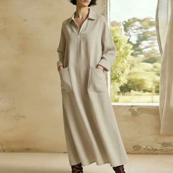 BRGZLK Women's Beach Dress Solid Color Fashion Boho Casual Loose Long Sleeve Polo Collar Maxi Long Dress with Pocket Lightweight Breathable Midi Dress Khaki 3XL