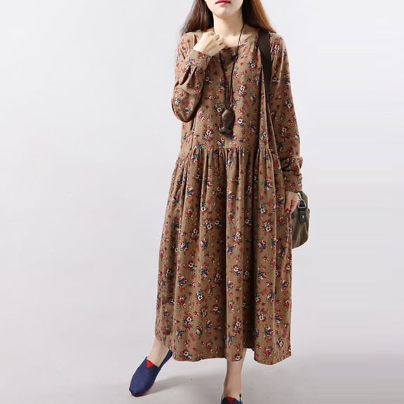 BRGZLK Women's Boho Midi Dress Breathable Cozy Linen Retro Long Sleeve Small Floral Print Flowy Flared Round Neck Summer Party Dresses Coffee L