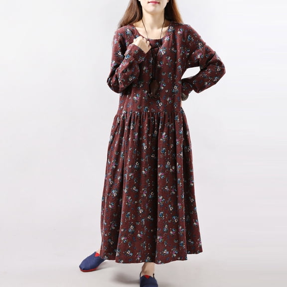 BRGZLK Women's Boho Midi Dress Breathable Cozy Linen Retro Long Sleeve Small Floral Print Flowy Flared Round Neck Summer Party Dresses Wine M