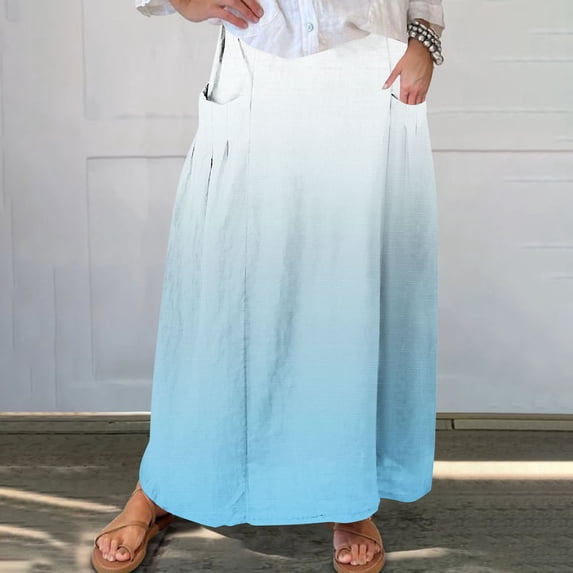 BRGZLK Women's Boho Skirts Summer Ombre Color Casual Trendy Flowy Swing Elastic High Waist Lightweight Breathable Comfy Pleated A-Line Midi Skirt with Pocket Light Blue 5XL