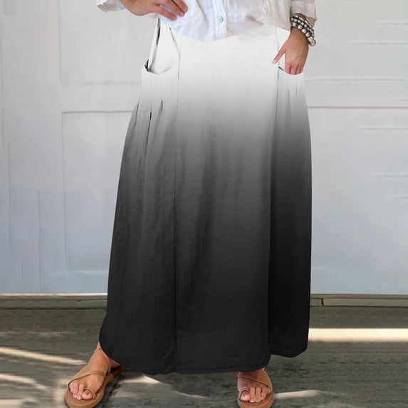 BRGZLK Women's Boho Skirts Summer Ombre Color Casual Trendy Flowy Swing Elastic High Waist Lightweight Breathable Comfy Pleated A-Line Midi Skirt with Pocket Black XL