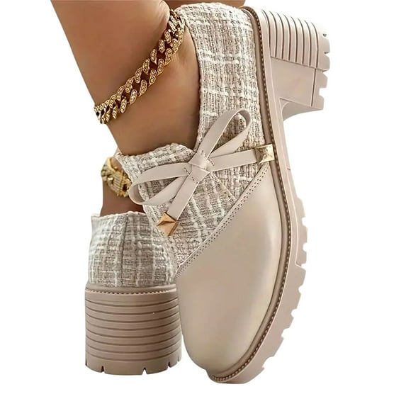 BRGZLK Women's Bowknot Decor Chunky Heel Short Boots, Elegant Tweed Patched Side Zipper Boots, Comfortable Ankle Boots