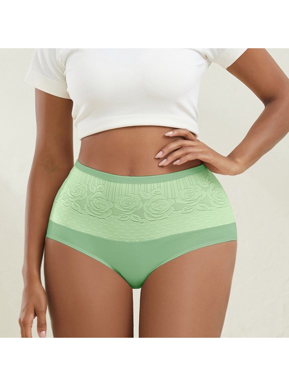 Women's Briefs Trendy Floral Print High-Waist Tummy Control Butt-Lifting Bodycon Seamless Full Coverage Ladies Triangle Panties Underwear Green M