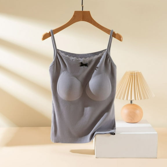 BRGZLK Women's Camisole Tank Top Trendy Solid Color Lace V-Neck Sleevesless Tops Basic Spaghetti Strap Top Gray XL