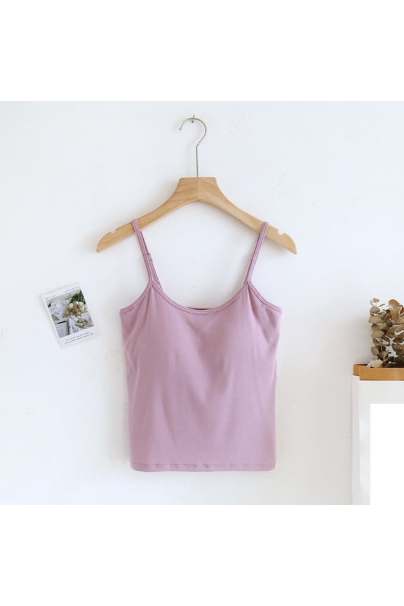 Women's Camisole Tops Fashion Solid Color With Chest Pad No Steel Rings Bottom Cotton Undershirts Spaghetti Strap Top Pink XL