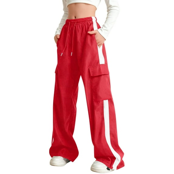 BRGZLK Women's Cargo Pants Trendy Spring Summer Elastic Waist Solid Color Wide Leg Pants Work Straight Leg Casual Kids Wear Outside Pants Streetwear Red 15-16 Years