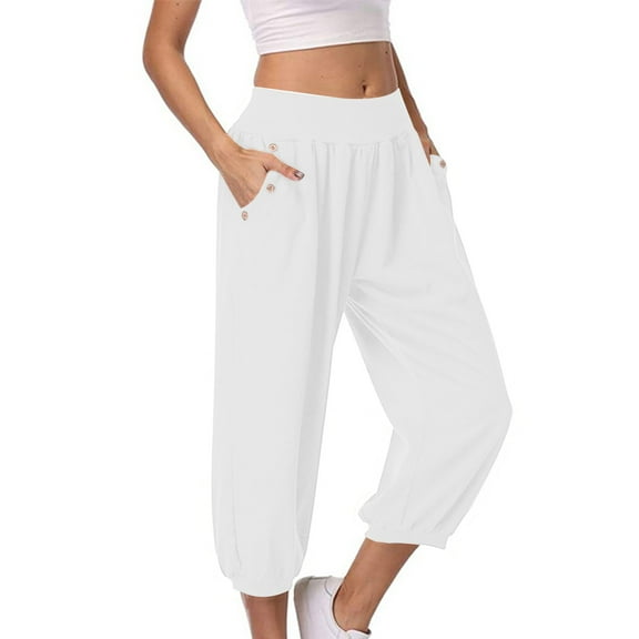 BRGZLK Women's Cargo Sweatpant Solid Color Fashion Casual Summer Seven Points Pants with Pocket White L
