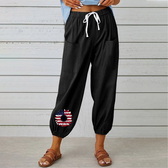 BRGZLK Women's Casual Pants Fashion Independence Day Printed Drawstring Pants Loose Comfortable High Waist Wide Leg Cotton Linen Pants Black M