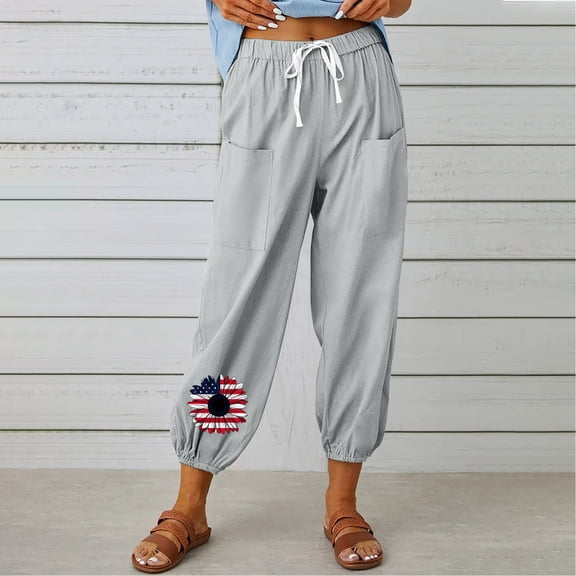 BRGZLK Women's Casual Pants Fashion Independence Day Printed Drawstring Pants Loose Comfortable High Waist Wide Leg Cotton Linen Pants Gray L