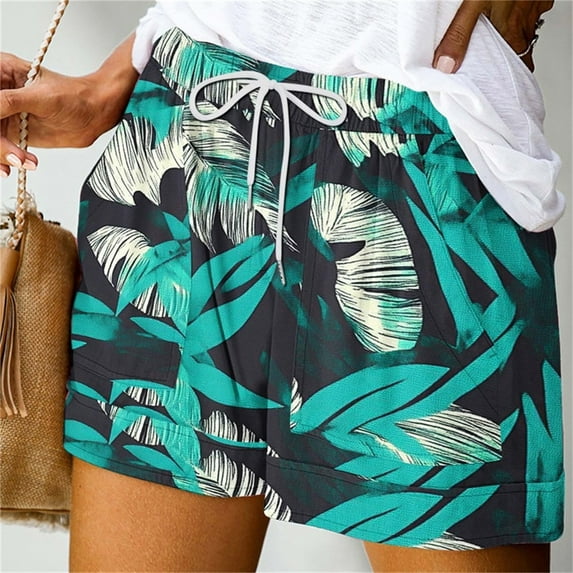 BRGZLK Women's Casual Shorts Summer Hawaiian Printed Elastic High Waisted Lace Up Shorts Loose Vacation Beach Lounge Shorts with Pockets Multicolor S