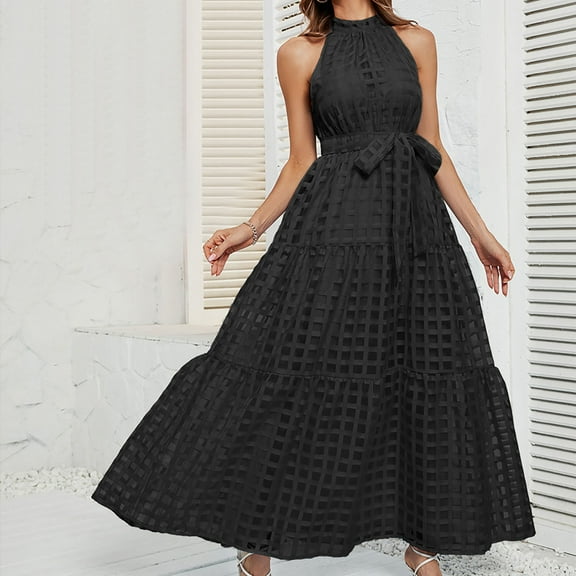 BRGZLK Women's Casual Summer Dress Puffy Sleeveless Solid Color Straps Gingham Flowy A-Line Organza Maxi Long Dress Summer Vacation Sundress Black M