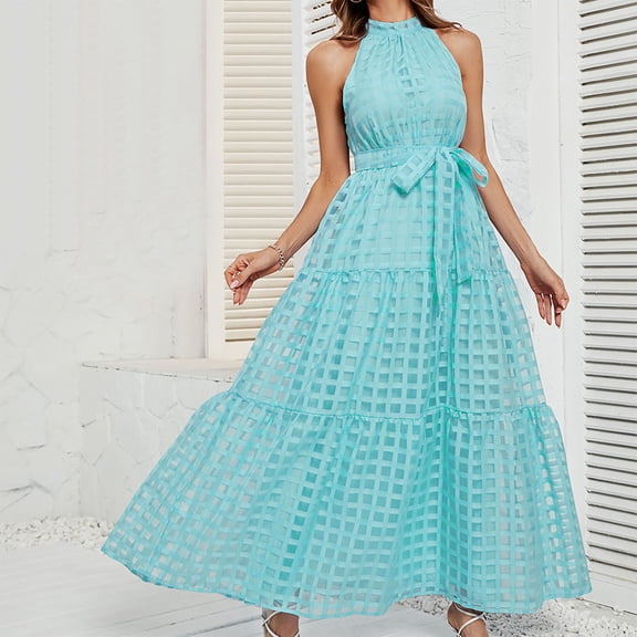 BRGZLK Women's Casual Summer Dress Puffy Sleeveless Solid Color Straps Gingham Flowy A-Line Organza Maxi Long Dress Summer Vacation Sundress Mint Green M