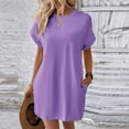 thumbnail image 1 of BRGZLK Women's Casual T-Shirt Dresses Rolled Up Short Sleeve Shift Wrinkle-Resistant Loose Fit Solid Color Knee Length Round Neck Dresses with Pockets Purple XXL, 1 of 5
