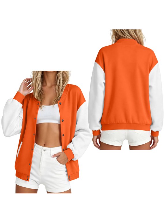 Women's Color Block Sweatshirt Snap Button Front Baseball Collar Varsity Jacket Fleece Warm Relaxed Fit Soft Cozy Coat Tops Fall Winter Wear Orange M