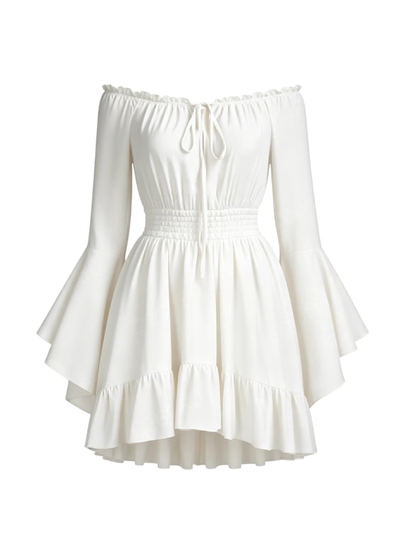 Women's Corset Dresses Trendy Novel Bell Sleeve Off Shoulder Lightweight Mini Dress Ruffle Hem Comfotable Dresses for Fairy Goth Ren Fair Vacation White