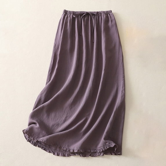 BRGZLK Women's Cotton Linen Midi Skirt High Waisted Versatile Lightweight Loose Soft Breathable A Line Flowy Swing Ruffle Hem Boho Maxi Long Skirts Purple XL
