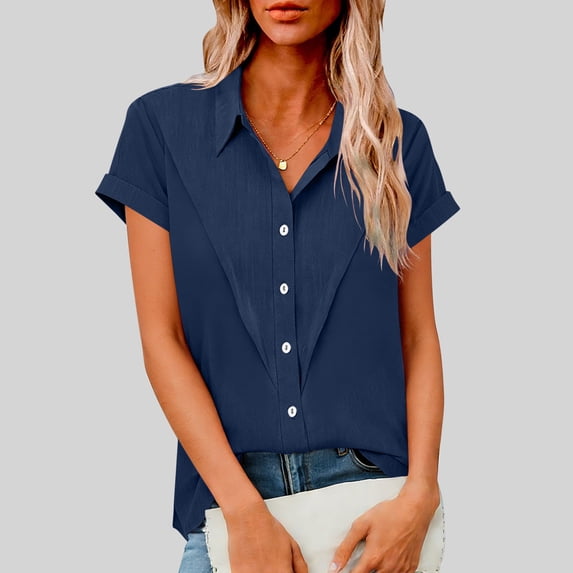 BRGZLK Women's Cotton Linen Shirt Summer Trendy Solid Color Lightweight Breathable Short Sleeve Button Down Business Casual Dressy Tops 2026 Navy S