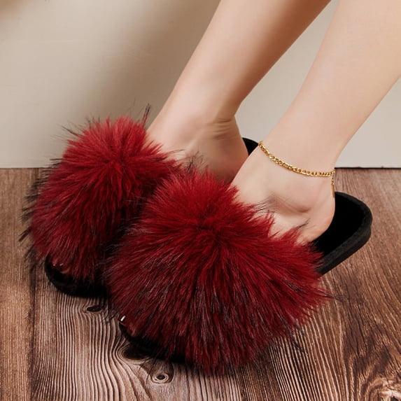 BRGZLK Women's Cotton Slides Autumn Winter Trendy Open Toe Furry Slippers Soft Flat Slip On Fuzzy Fluffy House Slide for Indoor Outdoor Red 7.5