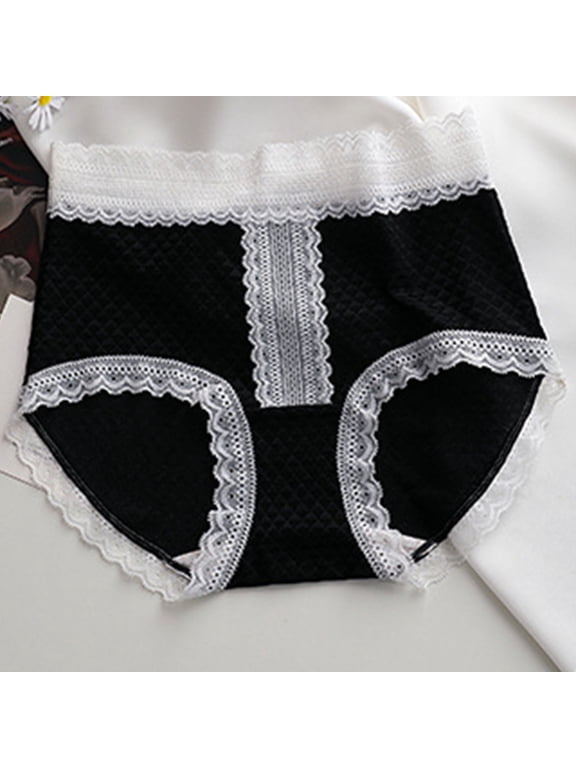 Women's Cotton Underwear Mid Waist Seamless High-Elastic Lace Trim Soft Comfortable Ladies Extended Crotch Triangle Briefs Black M