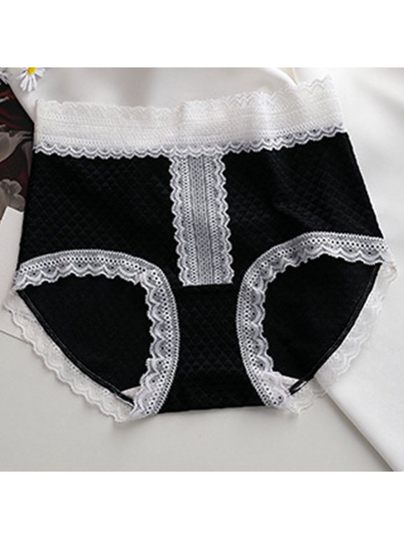Women's Cotton Underwear Mid Waist Seamless High-Elastic Lace Trim Soft Comfortable Ladies Extended Crotch Triangle Briefs Black XL