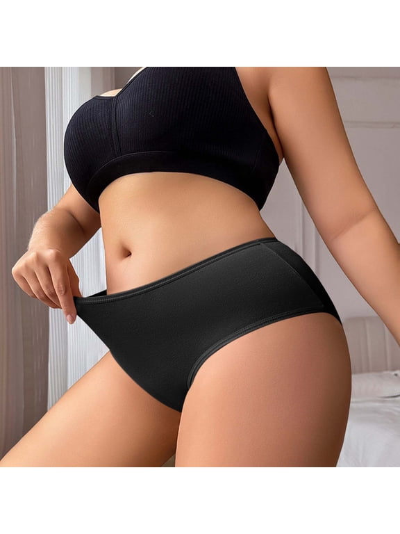 Women's Cotton Underwear Plus Size Solid Color High-Waist Stretch Soft Breathable Comfortable Support Triangle Panties Black M