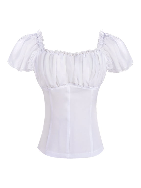 Women's Cute Puff Sleeve Blouse Solid Color Short Sleeve Bust Bow Tie Top Shirt Fashion Casual Going Out Summer 2026 Tops White M