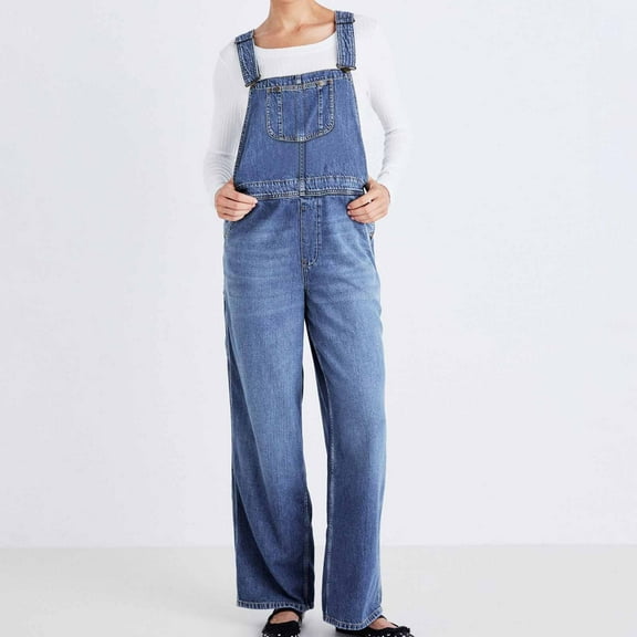BRGZLK Women's Denim Overalls Wide Leg Bib Pants Adjustable Strap Sleeveless Jean Jumpsuit Backless Versatile Rompers Blue L