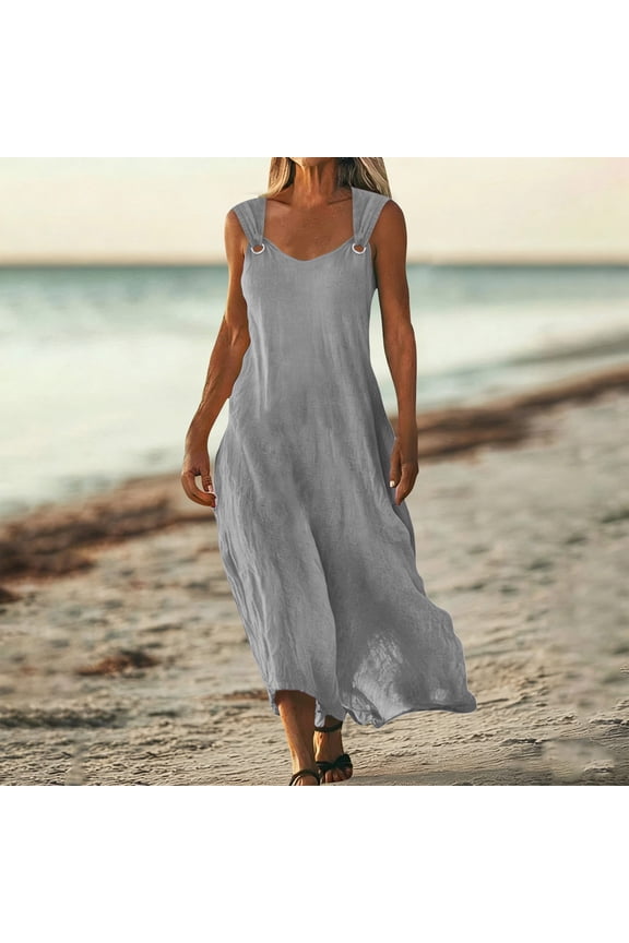 Women's Dress, Summer Frock , O-Ring Shoulder Sun Skirt, Sleeveless Casual Round Neck Waist, Flowing Camisole, Round Hole Vest, Imitation Cotton And Linen Beach Travel Vacation Set